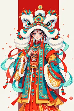戴着醒狮帽子的古风女孩素材图