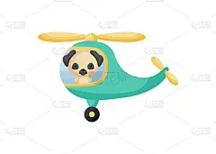 可爱的小哈巴狗飞行员在翡翠直升机。卡通人物适用于儿童书籍，相册，婴儿送礼会，贺卡，派对邀请，室内装潢