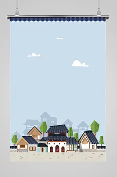 复古建筑文化插画春日村庄-众图网