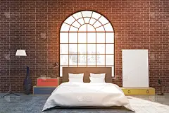 卧室采用弧形窗、砖、色调