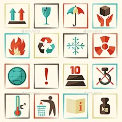 包装符号集-杂项图标Packing Symbols Set - Miscellaneous Icons盒、纸板、中心、夹、交付、干燥、易燃,叉车,脆弱,处理,热,这里,钩子,保持,标签,限制,垃圾,不,包装,包装、post、保护、回收、运输、吊索、堆栈、温度、警告、重量 box, cardboard, center, clamp, delivery, dry, flammable, forklifts, fragile, handling, heat, here, hooks, keep, label, 