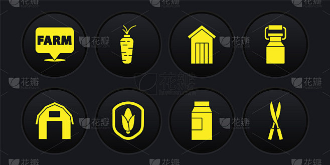 设置农场房子，牛奶罐头容器，盾牌玉米，纸包装，木制户外厕所，胡萝卜，园艺手工剪刀和位置农场图标。向量