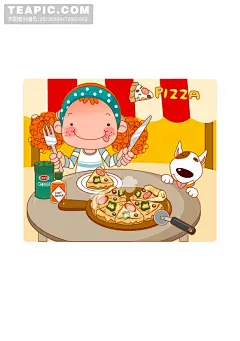 韩国卷发小甜心英文学习卡22#韩国##卷发##卡通##矢量##女生##人物##可爱##动漫##儿童##幼儿##小甜心##英文##学习卡##披萨##美食#