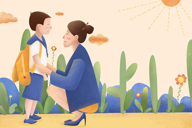 开学日母亲送孩子上学插画素材