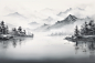 艺术河水烟雾美术景色云雾水墨画插画图片