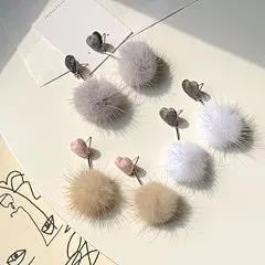 s925银针冬季少女绒布爱心水貂毛耳钉 白灰色长款桃心豆沙耳环349