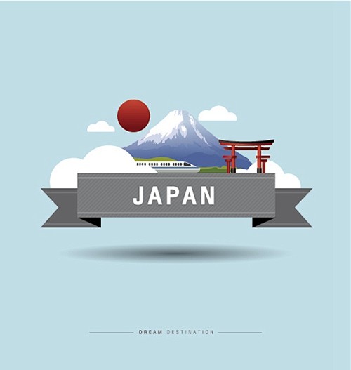 日本旅行特色景点元素建筑水墨彩和风浮世富...