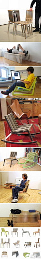 Redo-me可转换家具系统，来自ParedesPino Arquitectos的作品，这个家具包括S、M、L三个组件，可以根据使用者的需要自由组装成为躺椅、摇摇椅、长凳、收纳椅等等。