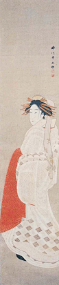 这幅画中的全白色服装只在江户（东京）在第八个农历月的第一天在“哈萨库”上穿戴。 在那个时候，江户的吉祥县的妓女在白天为了纪念第一次在1590年纪念德川一通进入江户。 |  Rekisentei Eiri，“白色和服美女”©Kimbell美术馆：