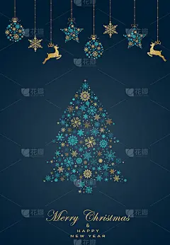 圣诞树由绿松石和金色的雪花在黑色的背景。矢量插图。黄金的模式。新的一年。
