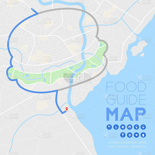 食物指南方向地图旅行与图标概念，道路汉堡...