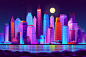 矢量蒸汽波城市地标渐变夜景风景插画手绘赛博朋克图案AI设计素材