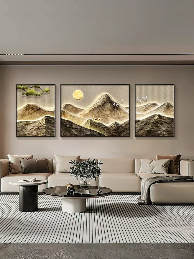 现代轻奢客厅装饰画背有靠山沙发背景墙挂画高档大气三联画山水画-tmall.com天猫-花瓣网