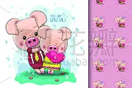 可爱的,猪,卡通,蓝色背景,小山羊,两只动物,外套,复古风格,动物,农场