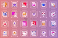 人工智能网页玻璃形态图标设置。包装轮廓象形图的机器学习，虚拟现实，智能机器人，计算机电路和微芯片等。