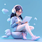 Full body, a Chinese girl wearing glasses playing computer, light blue background, C4D, blender