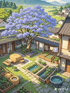 治愈系插画，暖光线，阳光明媚，宁静的乡村四合院，一株高大茂密的蓝花楹树，菜园里种了整齐的蔬菜，花坛，庭院里有一张桌子，有草垛，院子里上晾着衣服，院外有个小水池，蜿蜒的石板路，45度角拍摄，全景镜头，细