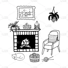 室内舒适的手绘涂鸦风格。构成元素为舒适的设计理念，贴纸，海报，卡片。向量，斯堪的纳维亚，hygge，