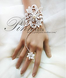 白色蕾丝花朵手链带戒指环英伦复古新娘甜美...