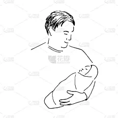 简单手绘黑色矢量轮廓绘制。快乐的父亲怀里抱着一个婴儿。一个孩子的出生，父母，关怀。父亲节。墨水草图。