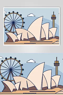扁平高端大气蓝黄色古镇建筑插画