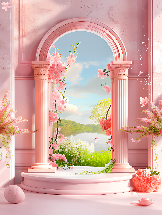 38女王节粉色欧洲复古拱形展台3D渲染