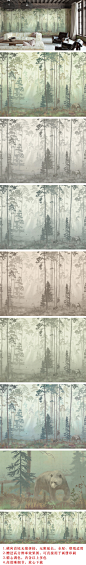 现代简约北欧风景森林丛林手绘树林狗熊壁画