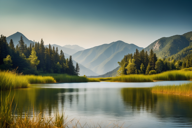 绿色湖水大自然风景图