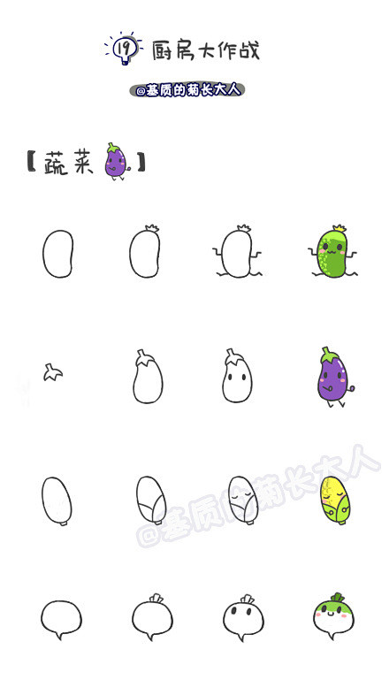 给大家分享一组画各种Q版蔬菜和小厨具手绘...