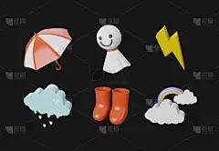 3D图上的雨季图标设置在黑色背景。现实主义渲染五彩缤纷的彩虹、雨云、红靴、红白相间的雨伞、洋娃娃雨和