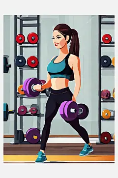 AI数字艺术练习哑铃的女士卡通插画-众图网