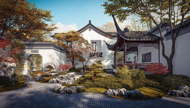 新中式建筑庭院景观合集 效果图欣赏_【知末效果图】-花瓣网
