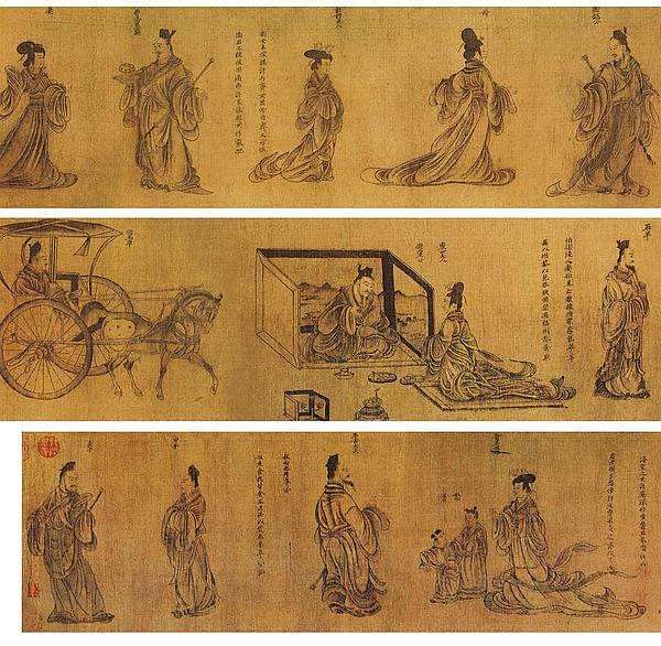 东晋 顾恺之《列女仁智图》 游丝描。，顾恺之作画意在传神。
