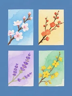 四张同系列水彩花卉插画集合，每张均为单一纯色背景，保持透明轻盈的水彩质感、柔和晕染笔触与自然写实的绘画风格，元素类目统一为带花苞的花卉枝条，画面整体色彩分别变换为：第一张清新蓝底粉白色樱花枝，第二张温暖黄底橙红色梅花枝，第三张优雅紫底淡紫色薰衣草花枝，第四张活力绿底亮黄色迎春花枝，所有花卉枝条均以相似的对角线构图从角落延伸，四幅画作呈田字格规整排布，画面干净无文字及装饰元素。