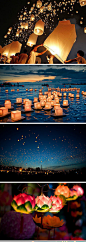 泰国花灯节每个人小心翼翼地把水灯放上了湖面，哈着气想把它吹远，欲浇水又怕湿了纸做的红莲