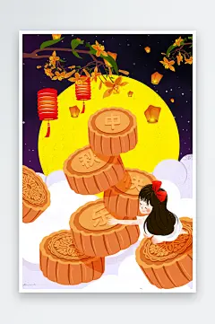 唯美卡通手绘中秋节插画-众图网