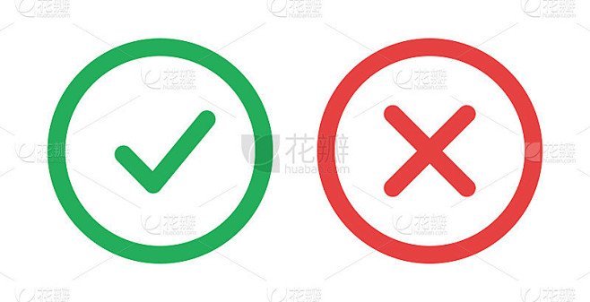 打勾和交叉符号。绿色勾选OK和红色X图标，孤立在白色背景上。简单的标志设计。圆圈形状符号是和否按钮投