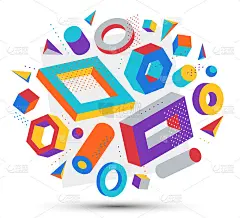 明亮的色彩和积极的3D设计元素矢量组成孤立在白色背景，盒子和圆柱体和其他形状简单时尚的插图。