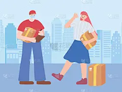 感谢重要的工作人员、快递员和带箱子的顾客、戴口罩的人、冠状病毒感染者