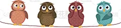 四只可爱的彩色猫头鹰坐在绳子上。一颗红心和一幅画挂在绳子上。情人节。矢量插图。贺卡与空白的标签或广告