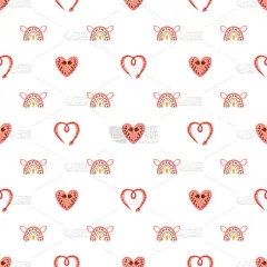 彩虹情人节粉色背景。粉红色的彩虹，蛇，波西米亚心千篇一律的图案。婚礼浪漫的壁纸