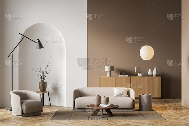 现代别墅客厅室内设计，米色家具，明亮的墙...