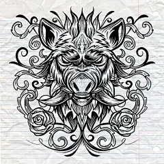 猪,2019,公猪,动物头,式样,华丽的,动物,绘制,花