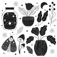 飞蛾罐子蘑菇植物花瓶花卉花朵手绘黑白插画元素矢量图设计素材