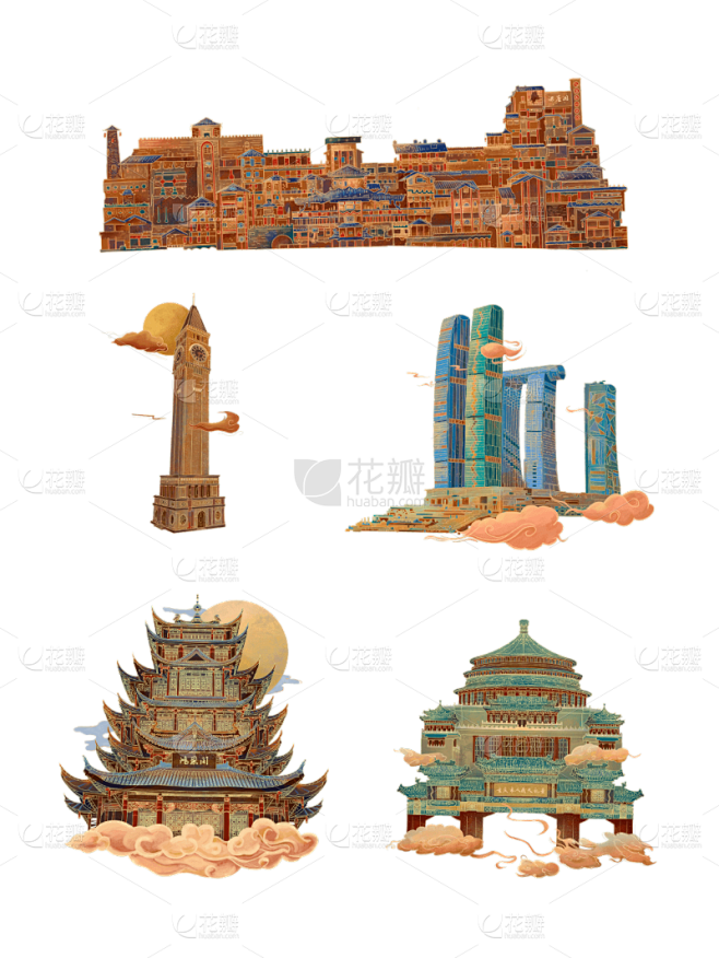 素材组合-金边国潮风-城市建筑地标主题3