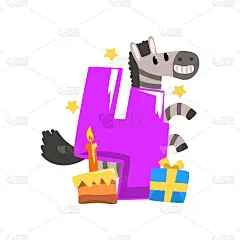 可爱的斑马和4号，生日快乐，周年纪念日数字与可爱的动物字符矢量插图在白色的背景