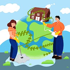 爱护家园蓝色环保世界清洁地球日人物拖地插画