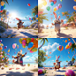 踩着气球的兔子，阳光沙滩海滨，迪士尼风格，椰子树，风，8K
