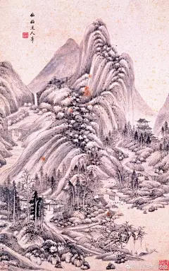                                                                                                                         #清初四王#【 清 王鉴 《仿宋元山水册》 】册页，纸本设色，55.2×35.2cm×7，上海博物馆藏。 此册作于康熙元年（1662年），作者时年65岁。分别题款为：仿倪高士溪亭山色、仿北苑笔、仿赵文敏、仿香光居士笔、仿黄鹤山樵、学梅花庵主、仿梅道人笔。王鉴出身仕宦名门