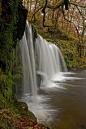 Scwd Ddwli waterfall in Brecon Beacons National Park, Wales (by flash of light).